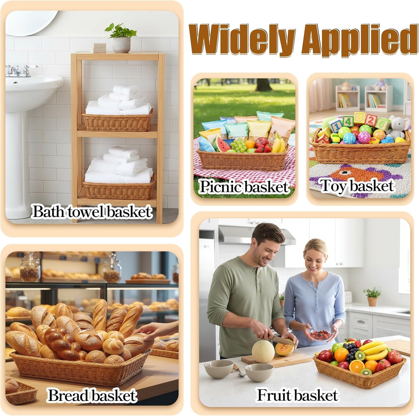 SHENLIU 4 Pack Wicker Bread Baskets 15.8 Inch Woven Serving Basket for Gifts, Fruit Baskets Food Serving Holders Rectangle Rattan Display Trays for Bread Food Vegetables Fruit Snacks Restaurant Home