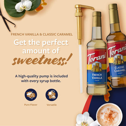 Torani Syrups, Classic Caramel and French Vanilla Syrup Variety 2-Pack, Coffee Syrups for Drinks, Pumps Included, 25.4 Fl Oz Ea
