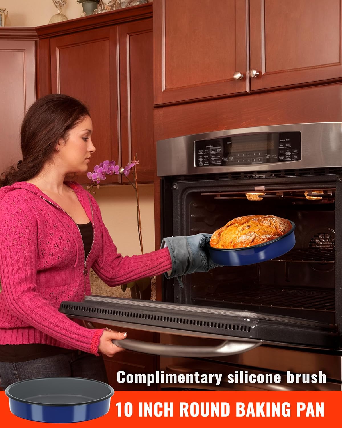 Enamel Round Baking Pan Roasting Dish 10 Inch Non-Stick Cookware for Cake Bread Pie Pizza Roast, Non-Toxic Carbon Steel Oven Dishwasher Safe Christmas Party Gift, Navy Blue Bakeware