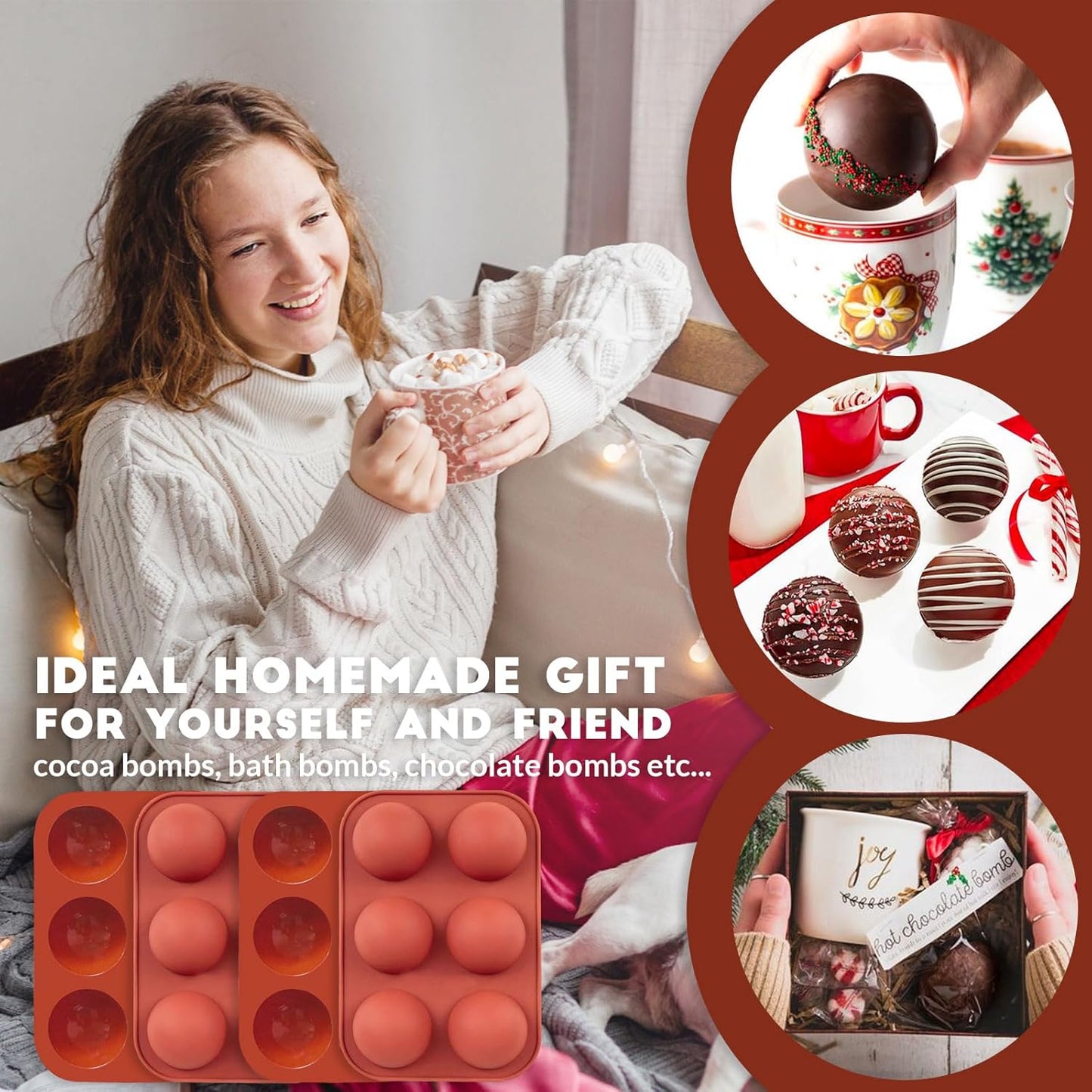 Hot Chocolate Cocoa Bomb Molds Hemisphere Silicone 2 Inch 4 Pack, Semi Ball Mould 6 Cavity Large Circular, BPA Free Non-Stick Half Sphere Holiday Valentine DIY Cake Jelly Dome Mousse