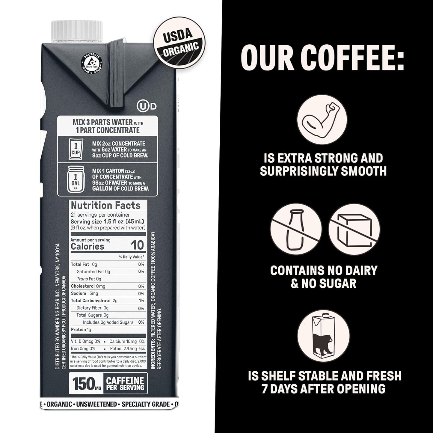 Wandering Bear Organic Unsweetened Extra Strong Cold Brew in a Box - Make Your Own Iced Coffee Drink with Wandering Bear Black Concentrate, Shelf-Stable - 21 Servings - 32 fl.oz