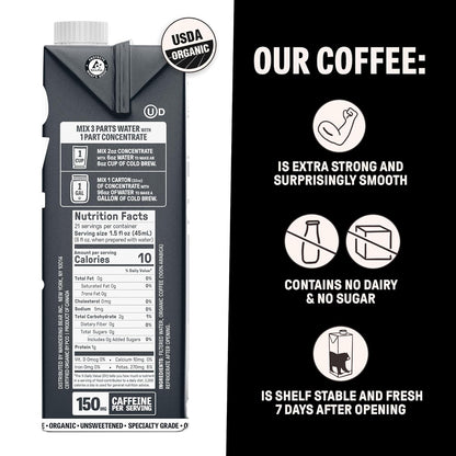 Wandering Bear Organic Unsweetened Extra Strong Cold Brew in a Box - Make Your Own Iced Coffee Drink with Wandering Bear Black Concentrate, Shelf-Stable - 21 Servings - 32 fl.oz