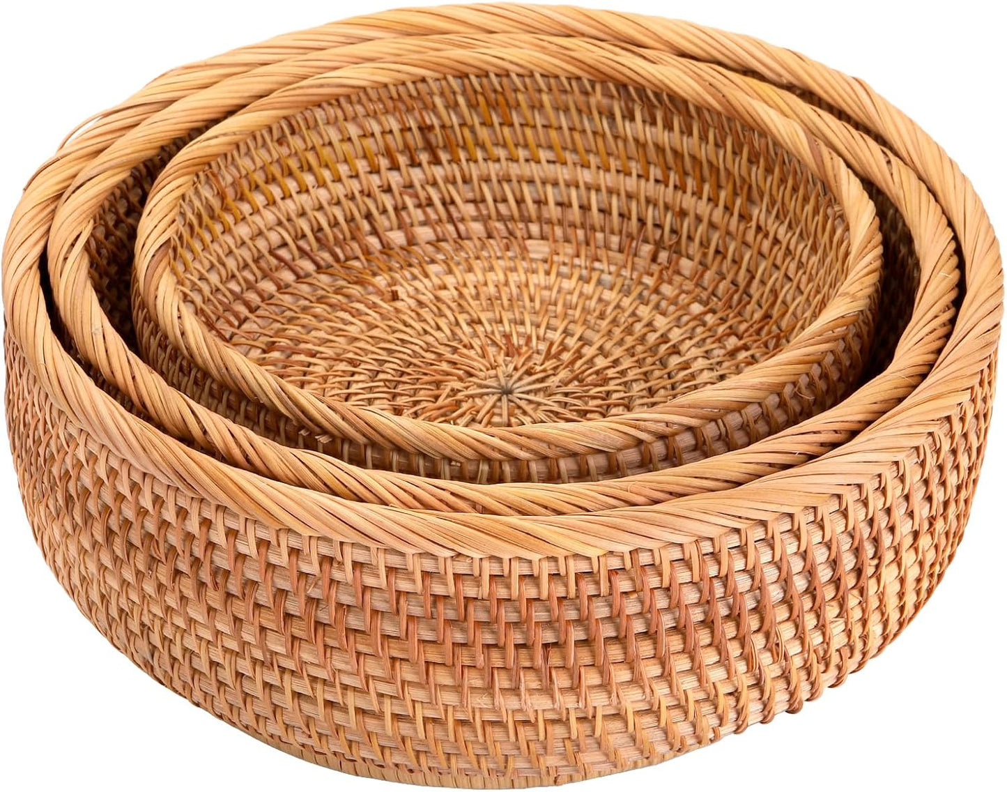 Jucoan 3 Pack Round Rattan Fruits Bread Baskets, Vintage Hand-woven Wicker Fruit Serving Baskets Bowls for Candy, Snack, Keys, Kitchen Countertop, 3 Size