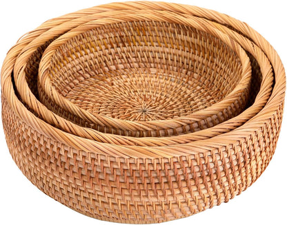 Jucoan 3 Pack Round Rattan Fruits Bread Baskets, Vintage Hand-woven Wicker Fruit Serving Baskets Bowls for Candy, Snack, Keys, Kitchen Countertop, 3 Size