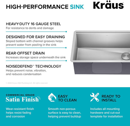 KRAUS Kore Workstation 30-inch Undermount 16 Gauge Stainless Steel Kitchen Sink, Single Bowl Kitchen Sink with Accessories, KWU110-30