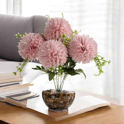 ENOVA FLORAL 7 Heads Silk Marigold Artificial Flowers in Vase,Faux Marigold Flowers Arrangement in Round Bowl Vase with Faux Water and River Rock for Table Decor Centerpieces (Marigold-Pink)