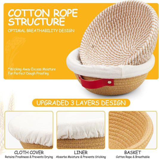 Banneton Bread Proofing Basket - Cotton Banneton Basket Set of 2 Sourdough Proofing Basket Round Proofing Bowls Handmade Rattan Baskets and Liners