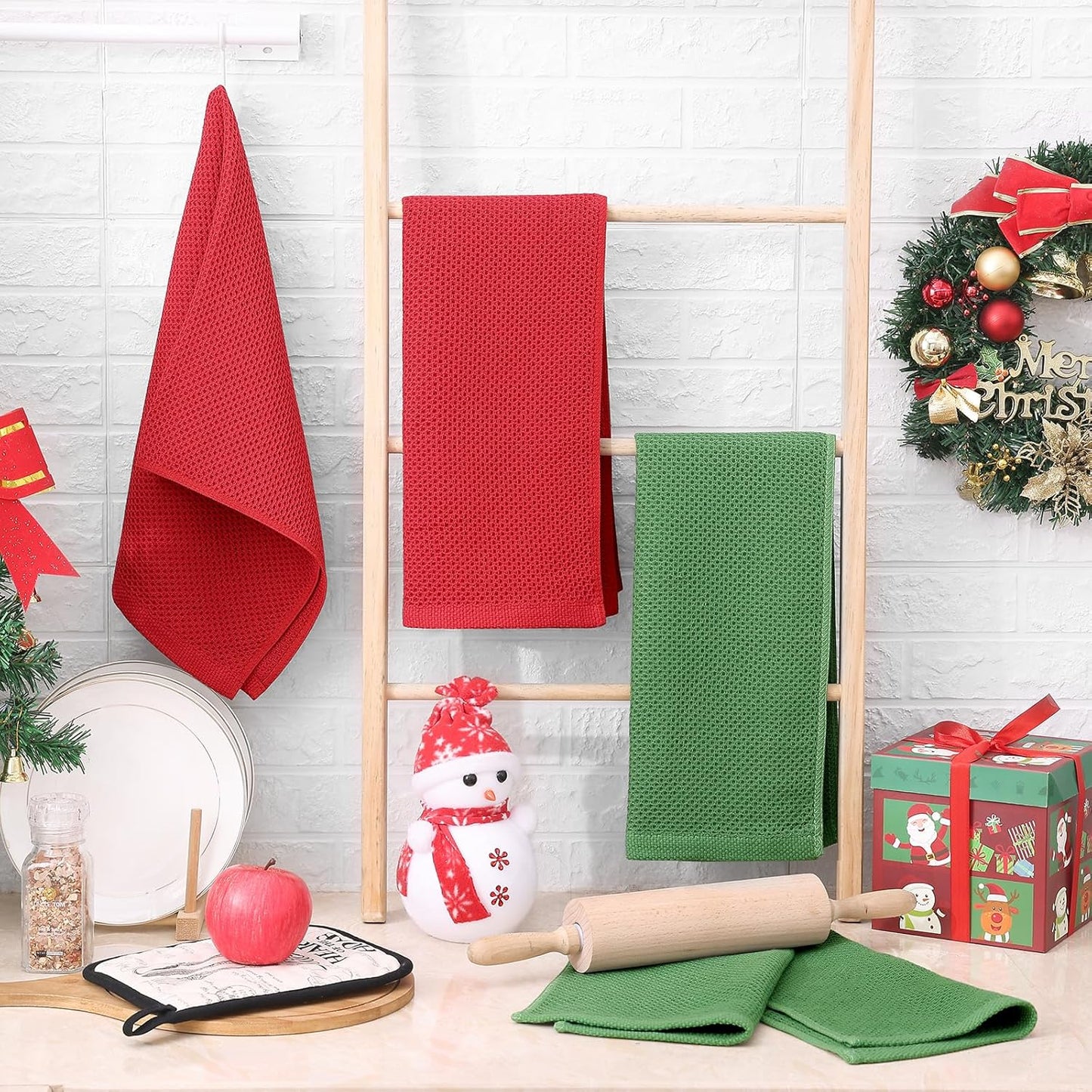 Homaxy 100% Cotton Waffle Weave Kitchen Dish Towels, Ultra Soft Absorbent Quick Drying Cleaning Towel, 13 x 28 Inches, 12-Pack, Red