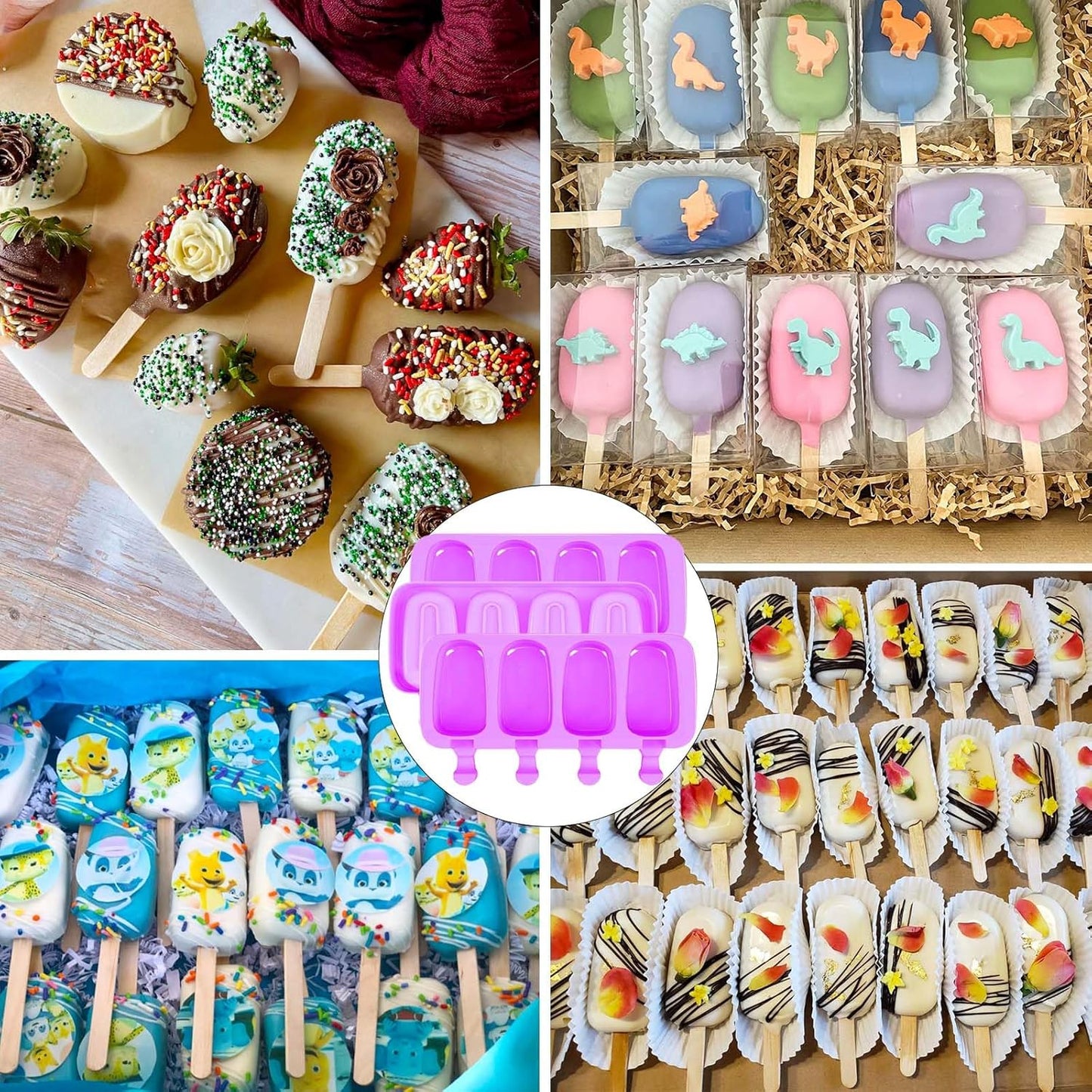 3pcs Large Silicone Popsicle Molds Set,BZIDII 4 Cavities Cake Pop Molds,Oval Ice Cream Bar Mold Ice Pop Cakesicle Molds Silicone with 100 Wooden Sticks & 100 Bags &100 Twist Ties(Purple)