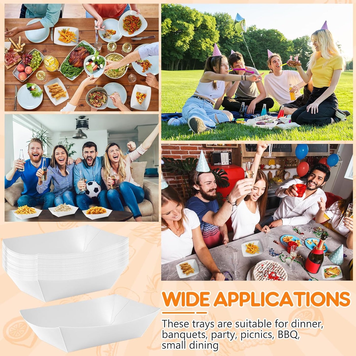 100 Pcs White Paper Food Tray Sturdy Disposable Food Boats Nacho Plates Disposable Serving Snack Trays for Catering, Party Birthday Supplies, and Food Service (White)