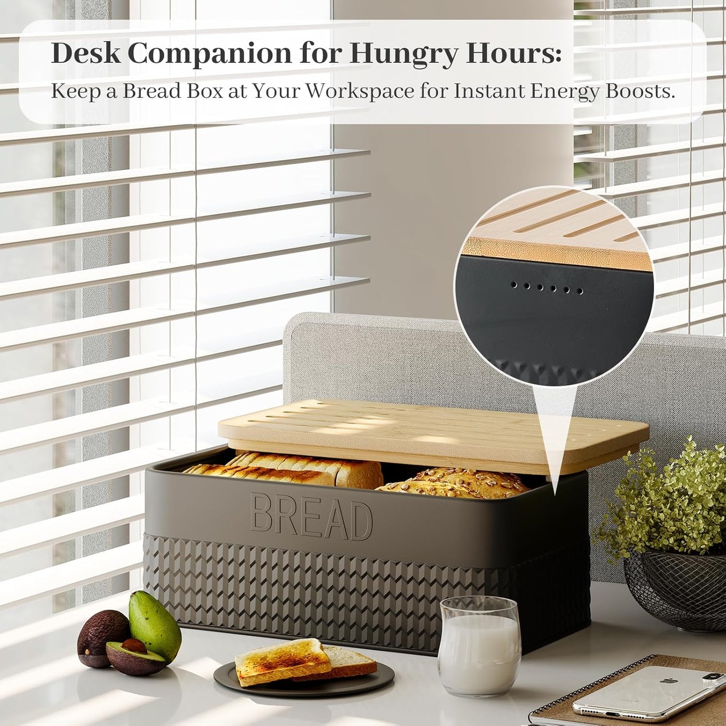 Bread Box for Kitchen Countertop - Metal Bread Storage with Bamboo Cutting Board Lid & Bread Knife, Corner Bread Container for Homemade Bread and Toast, Black