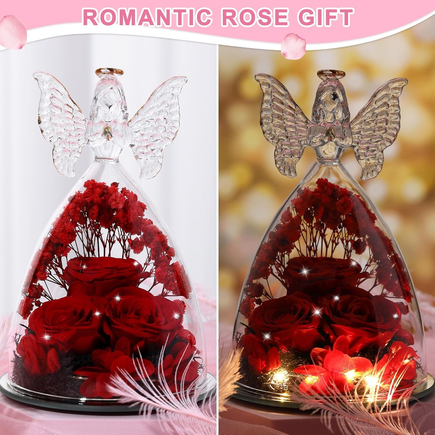 Christmas Rose Gifts for Women Preserved Real Flower in Glass Angel Figurines Roses for Delivery Prime Birthday Gifts for Mom Grandma Girlfriend Wife Her, Crystal Red