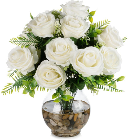 ENOVA FLORAL 18 Heads Silk Rose Artificial Flowers in Vase,Faux Rose Flowers Arrangement in Round Bowl Vase with Faux Water and River Rock for Table Decor Centerpieces (Cream)
