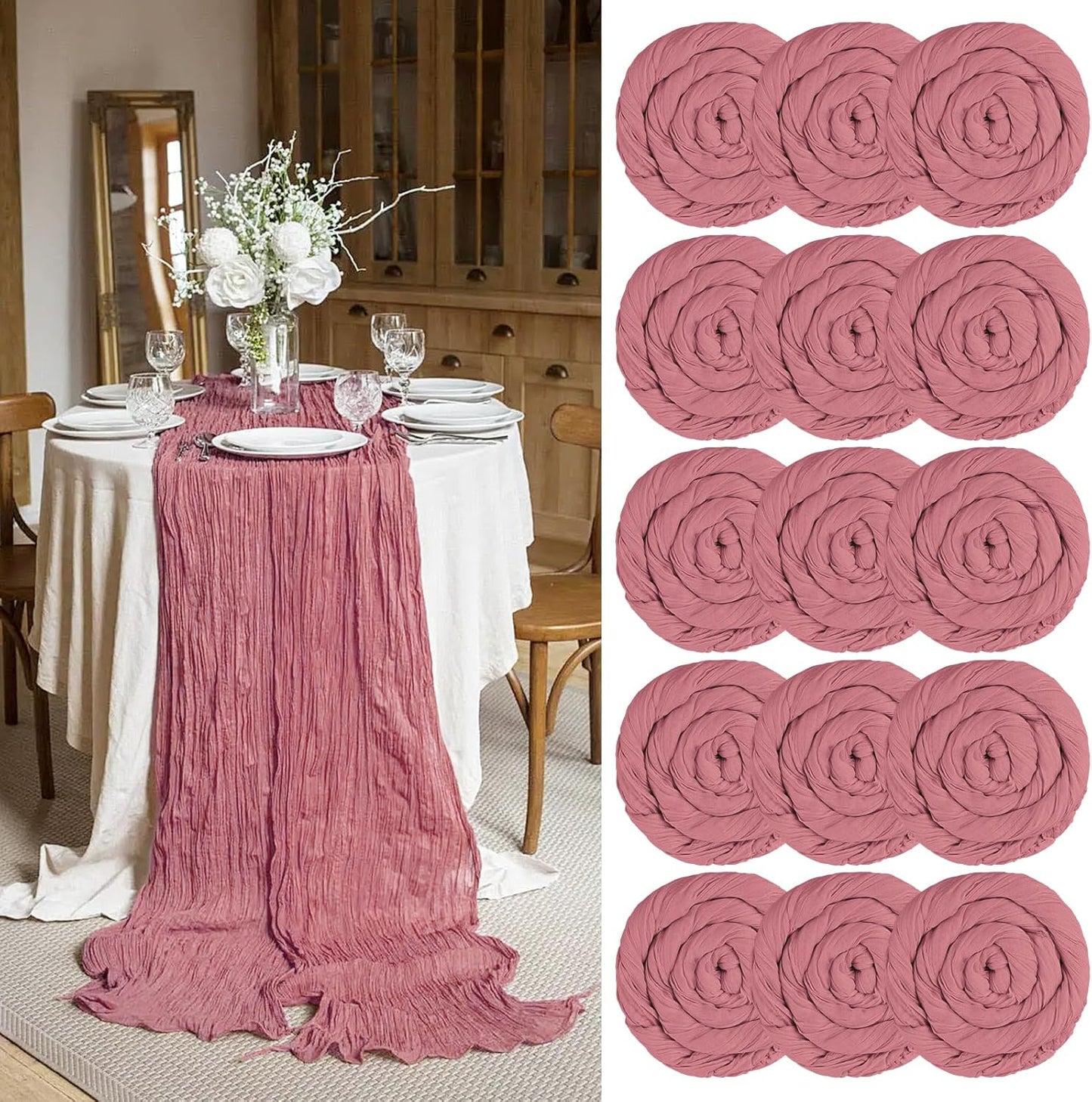 15 Packs Cheesecloth Table Runner Dusty Rose,13 Ft Dark Pink Rustic Gauze Boho Wedding Table Runner Decoration, Wedding Table Decor Table Cloth for Wedding Party Bridal Shower Table,21.5x157in
