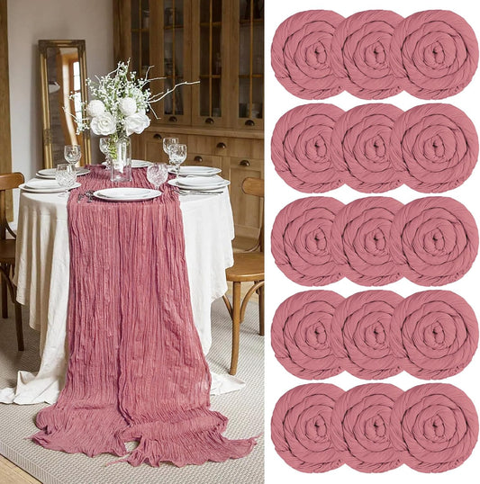 15 Packs Cheesecloth Table Runner Dusty Rose,13 Ft Dark Pink Rustic Gauze Boho Wedding Table Runner Decoration, Wedding Table Decor Table Cloth for Wedding Party Bridal Shower Table,21.5x157in