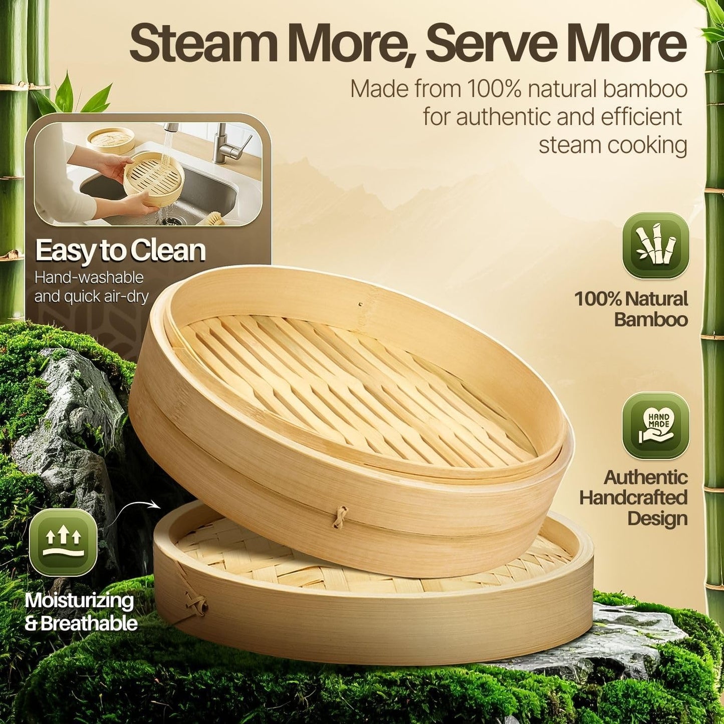 Flexzion Bamboo Steamer Basket Set (8 inch), 50 x Steamer Liners and 2 Pairs of Chopsticks, Steam Baskets for DimSum Dumplings, Rice, Vegetables, Fish and Meat