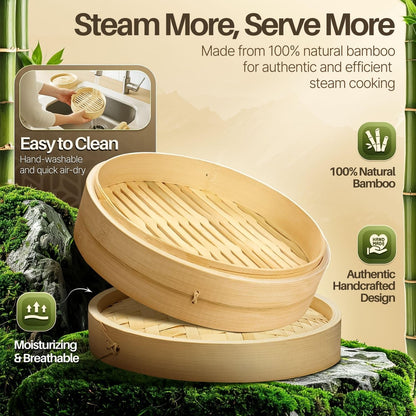 Flexzion Bamboo Steamer Basket Set (8 inch), 50 x Steamer Liners and 2 Pairs of Chopsticks, Steam Baskets for DimSum Dumplings, Rice, Vegetables, Fish and Meat