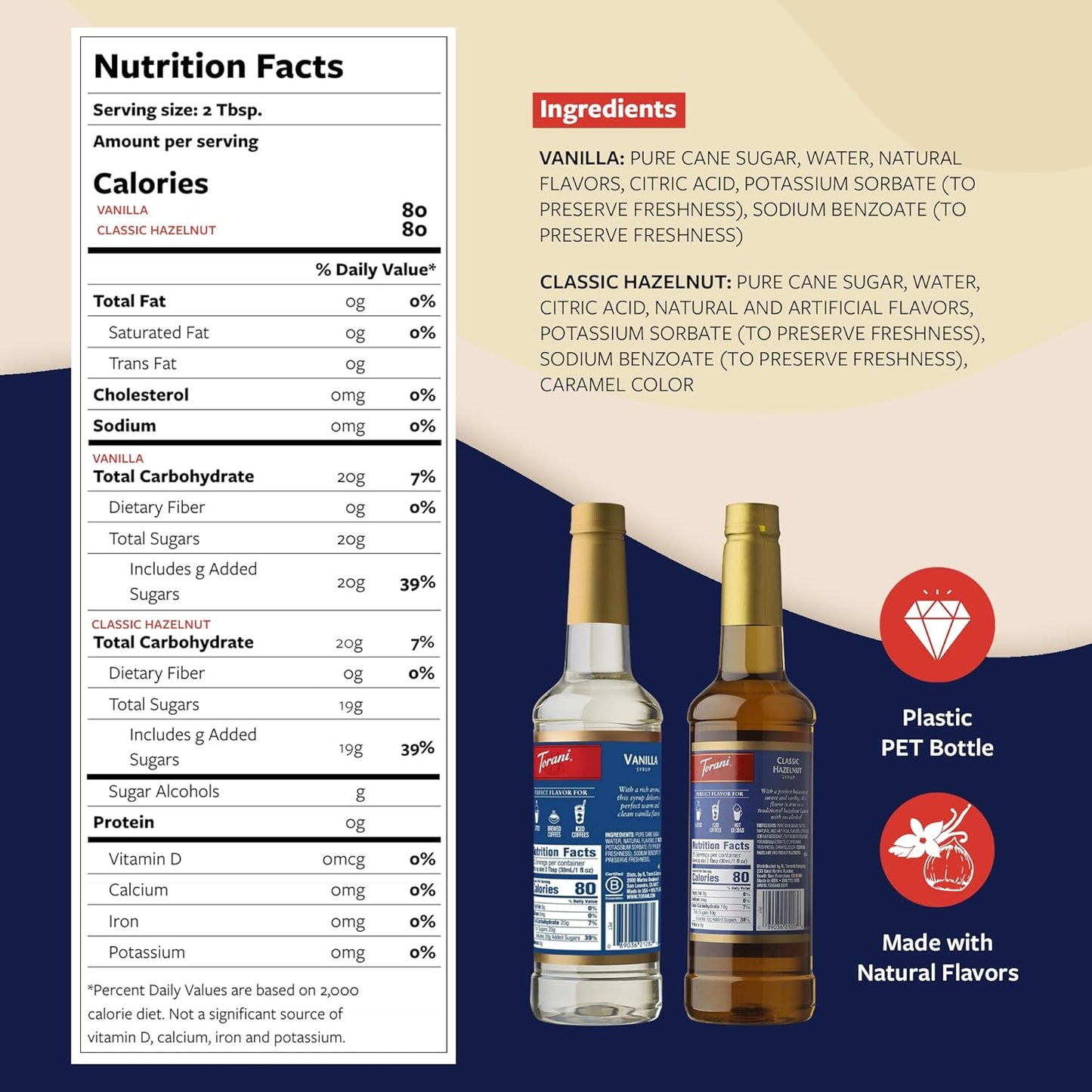 Torani Syrups, Classic Hazelnut and Vanilla Syrup Variety 2-Pack, Coffee Syrups for Drinks, Pumps Included, 25.4 Fl Oz Ea