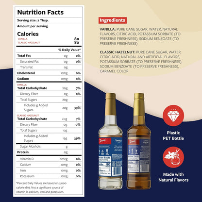 Torani Syrups, Classic Hazelnut and Vanilla Syrup Variety 2-Pack, Coffee Syrups for Drinks, Pumps Included, 25.4 Fl Oz Ea