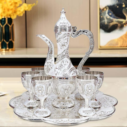 Vintage Turkish Coffee Pot and Cups Set,Tea Service Set Including Teapot,Tea Tray and Metal Cups for Wine Cabinet Decor,Wedding Ornaments (Silver and White)