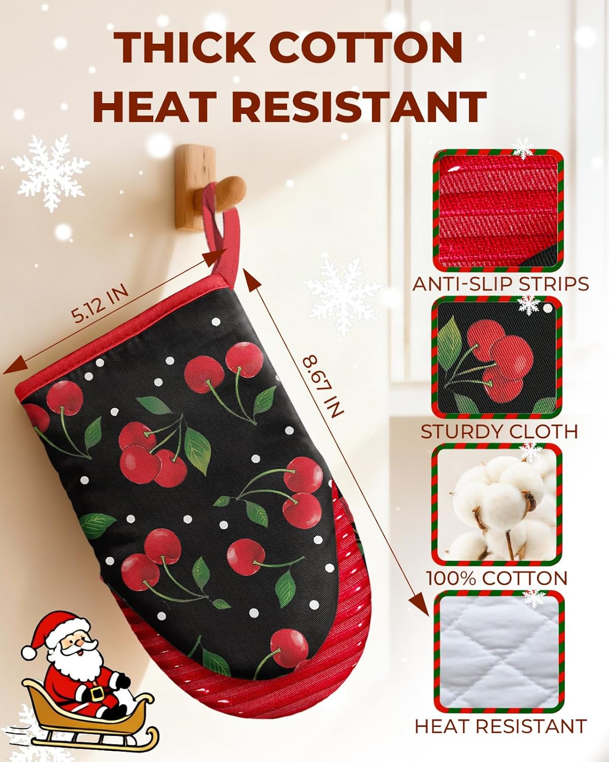 Slohif Cherry Mini Oven Mitts Set – Red Extended Short Heat Resistant Kitchen Gloves for Women, 100% Cotton Oven Mitts with Silicone Grips, Non-Slip and Thick Durable for Cooking & Baking
