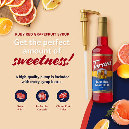 Torani Ruby Red Grapefruit Syrup for Drinks, Flavoring for Sodas and Cocktails, Pump Included, 25.4 Oz