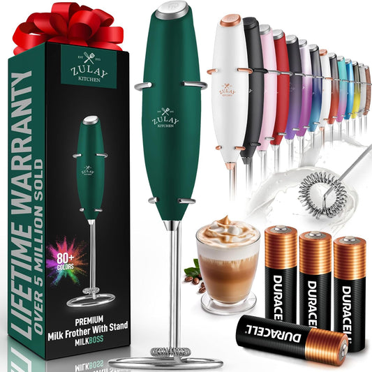 Zulay Kitchen Powerful Milk Frother Wand With 4 AA Duracell Batteries - Ultra Fast Handheld Drink Mixer - Electric Whisk Foam Maker for Coffee, Lattes, Cappuccino, Matcha & Creamer