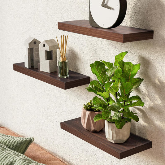 BAYKA Floating Shelves for Wall, Wall Mounted Rustic Wood Shelves for Bathroom, Bedroom, Living Room, Kitchen,Small Hanging Shelf for Books/Storage/Room Decor (Walnut-Like, Set of 3, 15.7in)