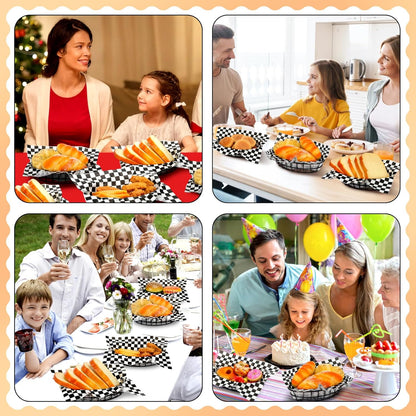 Hushee 12 Pcs Wire Bread Basket Bulk 9.5x6.2x2.2 Inch Oval Metal Dinner Roll Baskets for table Serving Fruit Bowl with 50 Checked Deli Paper Liners for Restaurant Kitchen Fast Food