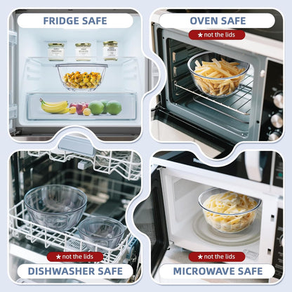 WhiteRhino Glass Mixing Bowls with Lids Set of 5（4.70QT,2.85QT, 1.69QT,1.11QT,0.85QT,Glass Bowls with Lids,Large Salad Bowls Space-Saving Nesting for Cooking,Baking,Prepping,Dishwasher Safe