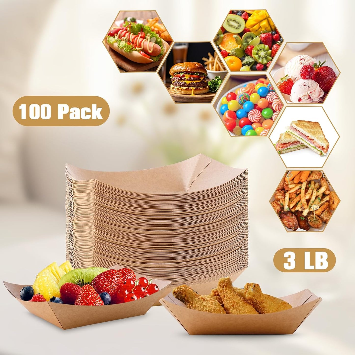 100 Pack Paper Food Boats, 3 Lb Heavy Duty Kraft Paper Food Trays, Disposable Serving Basket, Disposable Nacho Trays for Party Snacks French Fries Hot Dog Nachos BBQ Popcorn Taco, Brown
