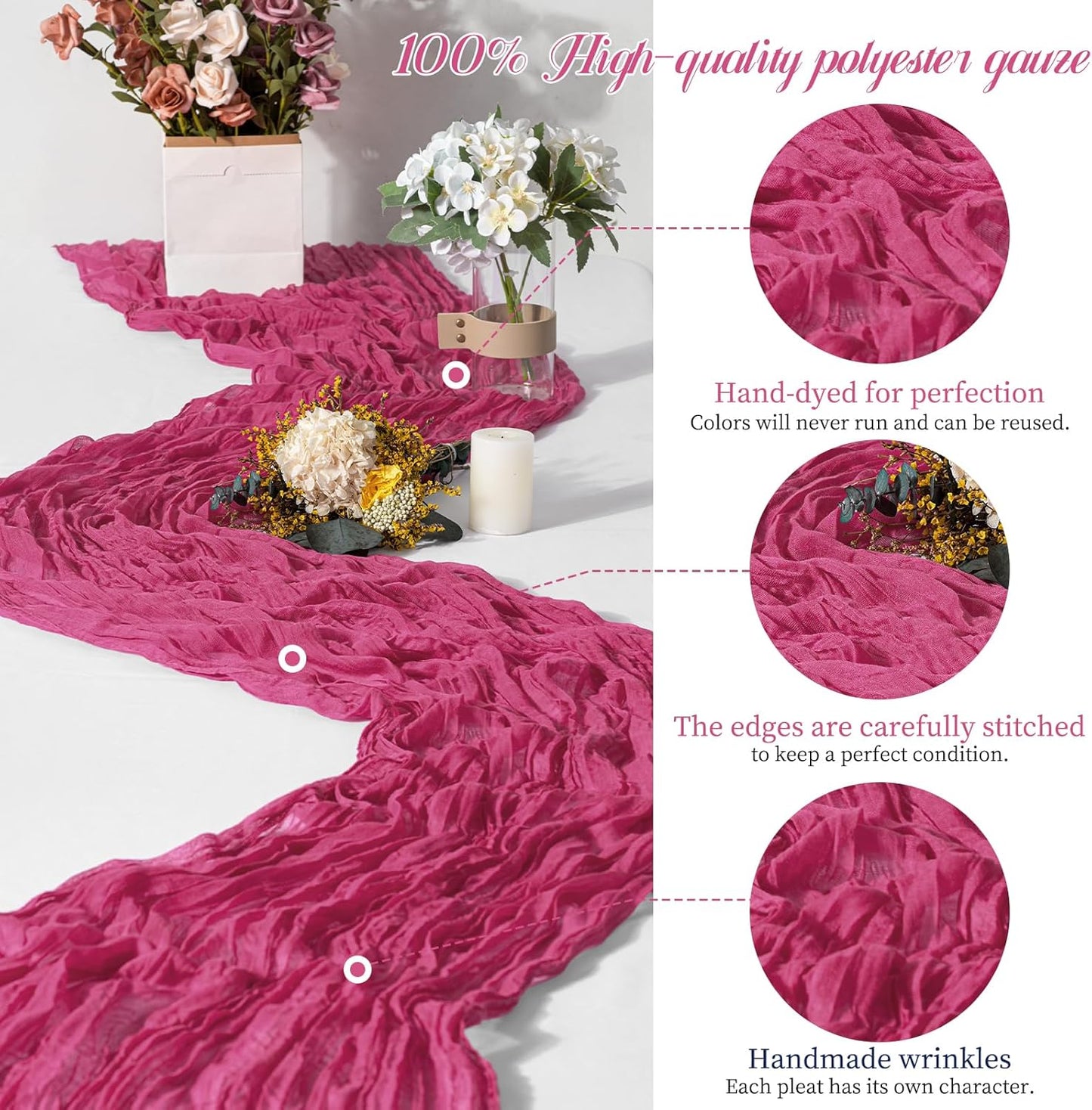 15 Packs Cheesecloth Table Runner Hot Pink,10 Ft Hot Pink Table Runner for Wedding, Rustic Gauze Boho Decoration for Wedding Party Bridal Shower,21.5x120in