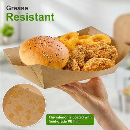 Ocmoiy 5lb Extra Large Paper Food Trays, 50 Pack Heavy Duty Kraft Food Boats Holders Disposable Serving Basket Trays for Nachos, Burgers, Fries, Tacos, Hot Dog, Sandwiches