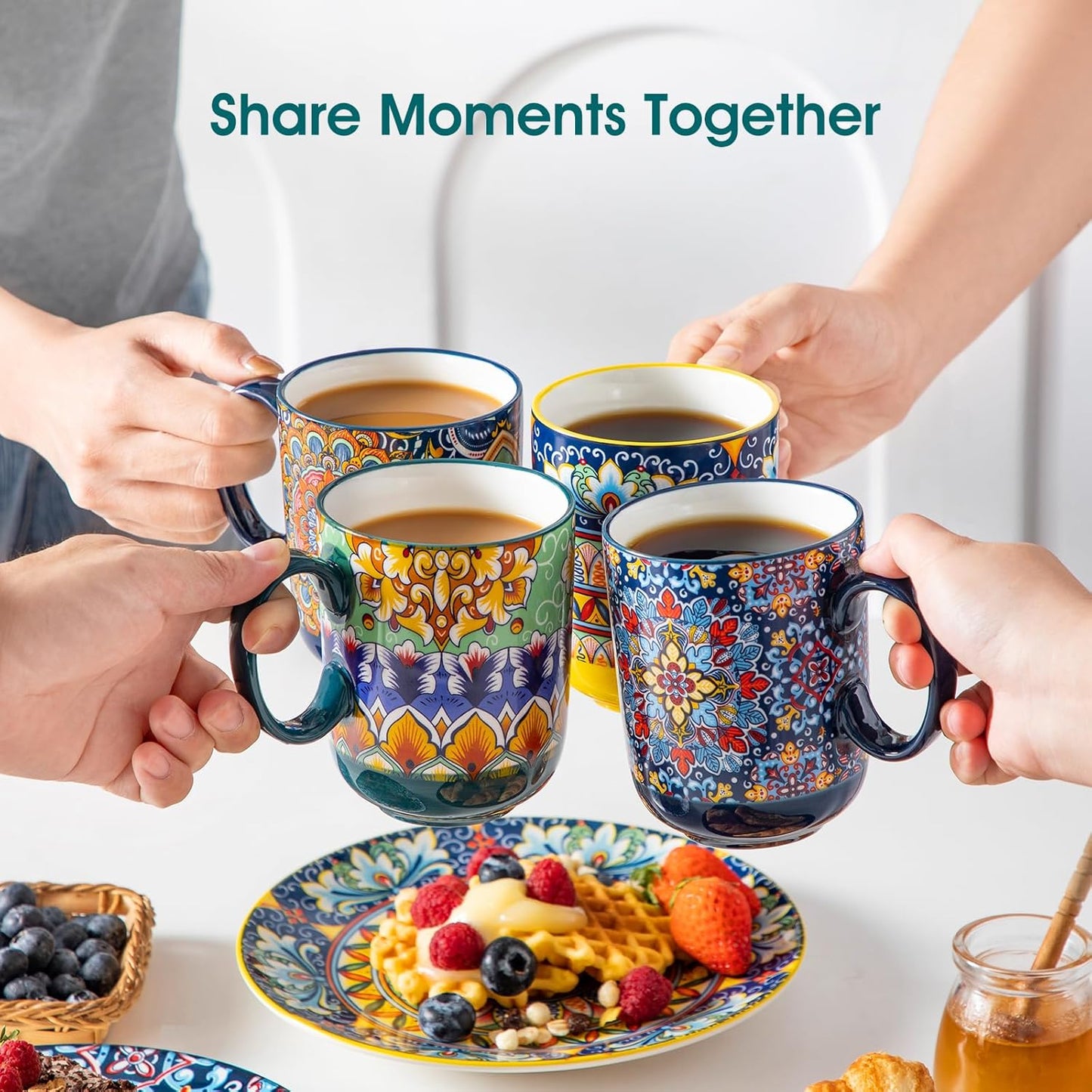 vancasso Boho Coffee Mugs Set of 6, 14 oz Ceramic Mugs with Handle, Colorful Porcelain Cups Microwave Dishwasher Safe, for Latte Tea Cappuccino Cocoa Hot Chocolate