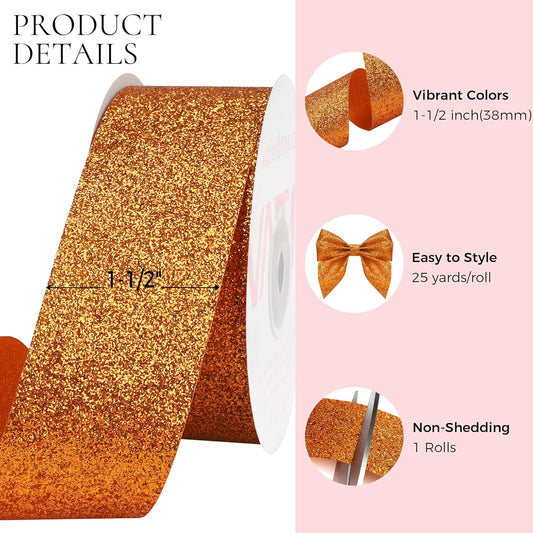 VATIN Wide Orange Glitter Ribbon 1-1/2" X 25 Yards Roll for Giant Bows, Christmas Wreaths, Porch Decor, Oversized Gifts