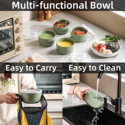 Ceramic Bowl with Lid: 20 oz Microwave Safe Food Storage Container for Soup, Salad, Cereal, Leftovers, Meal Prep, Lunch, Picnic, Camping, Serving - Airtight, Green, 1 PCS