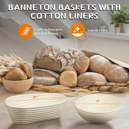 Banneton Bread Proofing Basket Banneton Basket Set Sourdough Proofing Basket Round Proofing Bowls Handmade Rattan Baskets and Liners (Round of 2 Gift Set)