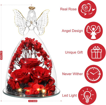 Christmas Rose Gifts for Women Preserved Real Flower in Glass Angel Figurines Roses for Delivery Prime Birthday Gifts for Mom Grandma Girlfriend Wife Her, Crystal Red