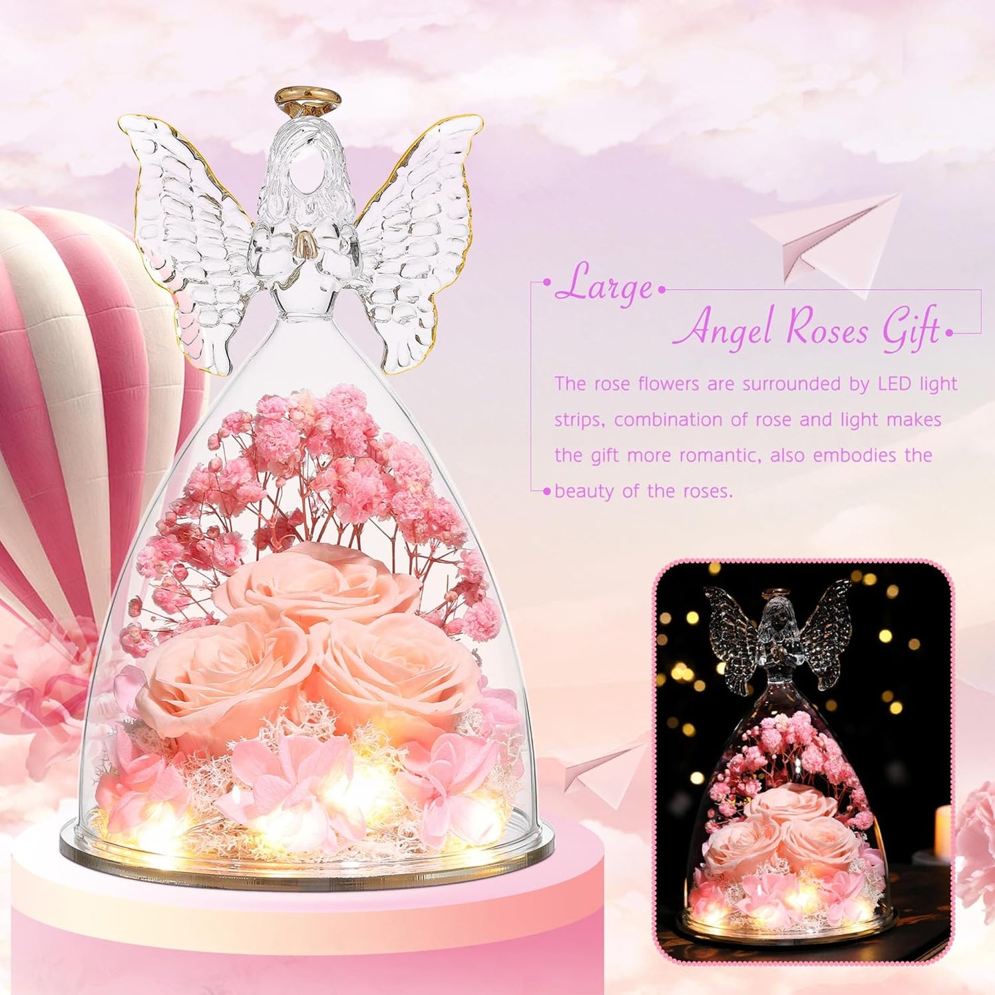 Christmas Rose Gifts for Women Preserved Real Flower in Glass Angel Figurines Roses for Delivery Prime Birthday Gifts for Mom Grandma Girlfriend Wife Her, Champagne