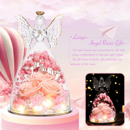 Christmas Rose Gifts for Women Preserved Real Flower in Glass Angel Figurines Roses for Delivery Prime Birthday Gifts for Mom Grandma Girlfriend Wife Her, Champagne