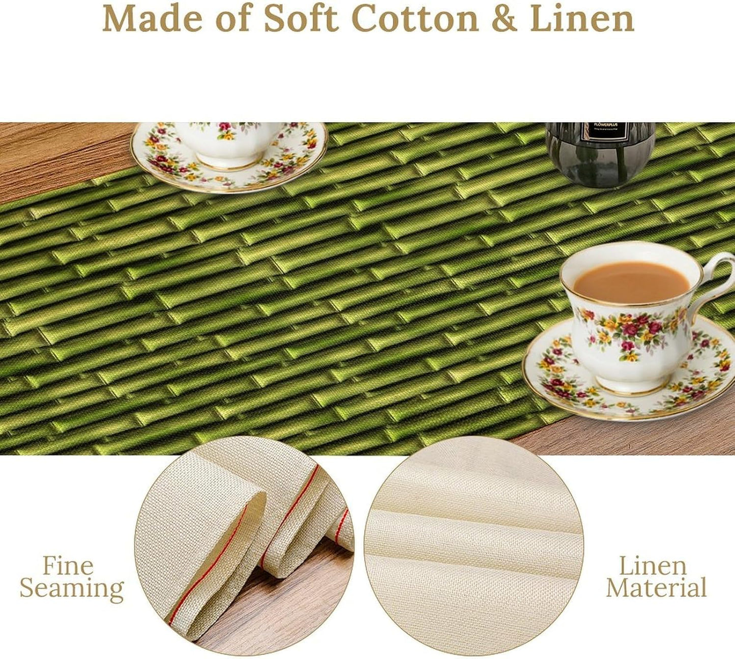 Chinese Bamboo Table Runner, Japanese Asian Oriental Plants Traditional Culture Green Table Runner for Living Room Kitchen Dinner Bedroom Home Set, 13x36 Inch