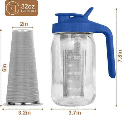 Cold Brew Coffee Maker,32 oz Mason Jar Pitcher with Stainless Steel Filter, Pour Spout Handle Lid, Heavy Duty Glass Airtight & Leak-Proof Pitcher for iced coffee Tea Lemonade-Blue