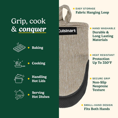 Cuisinart Mini Oven Mitts – 5.5” x 7” Heat-Resistant Kitchen Mitts for Oven with Non-Slip Neoprene Palm, Cotton Filling, and Fabric Loop – Durable Oven Mitt Set for Cooking & Baking (Taupe)