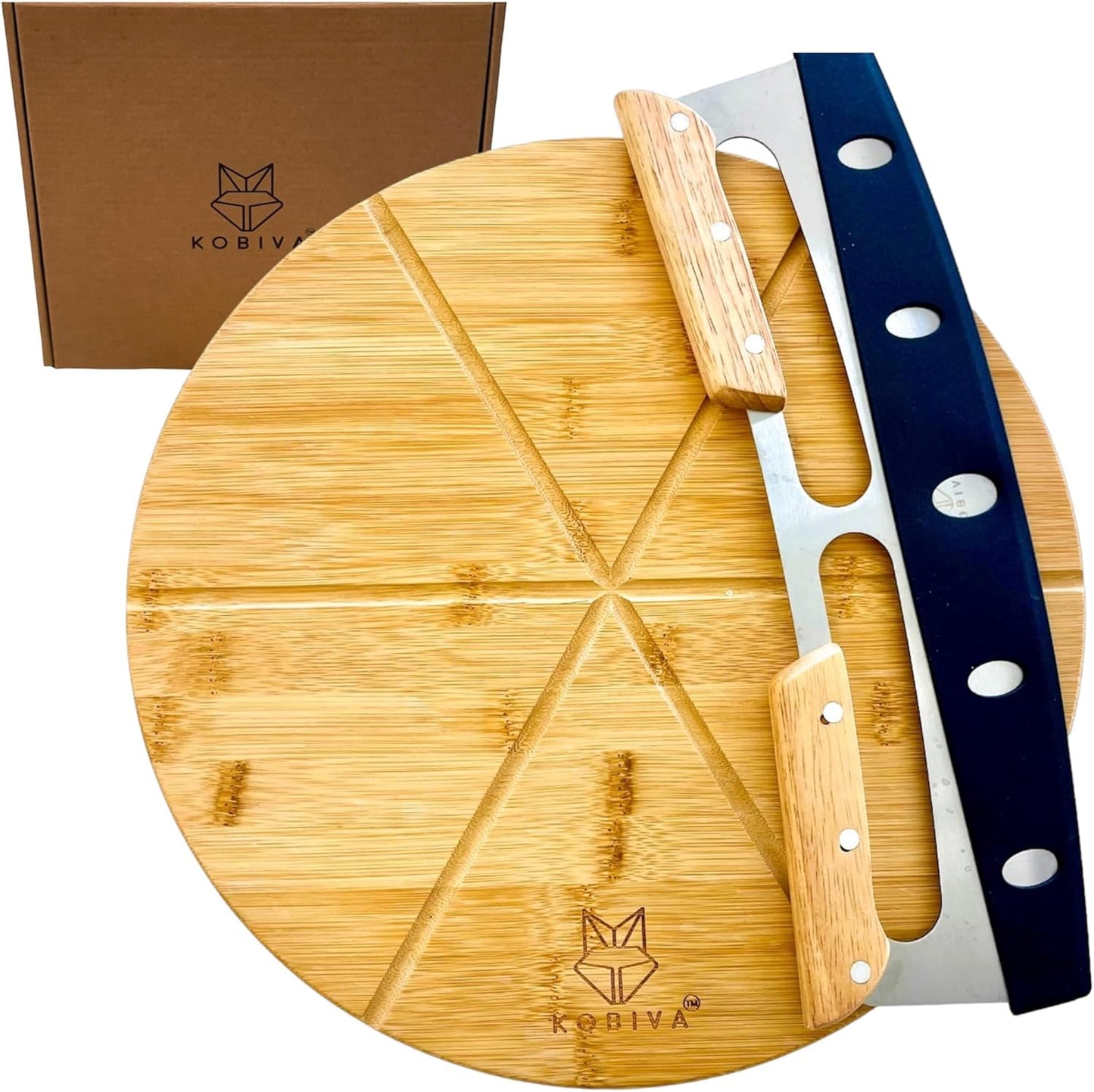 14" Dual-Grip Pizza Cutter Pizza Board | Gift Pizza Set, Best Pizza Cutter Rocker Blade, Bamboo Pizza Cutting Board, Pizza Slicer, Pizza Serving Board, Pizza Rocker Knife For Cutting Pizza Piza