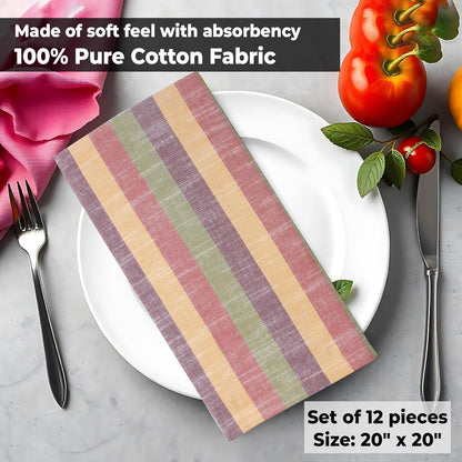 Urban Villa Cloth Napkins Set of 12 20x20 Inches 100% Cotton Napkins Cloth Washable Durable Reusable Absorbent Table Dinner Napkins Cloth for Thanksgiving Fall Hotel Lunch Restaurant- Harvest Stripes