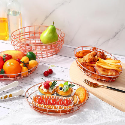 Tioncy 6 Pcs Chrome Oval Metal Wire Baskets 9.5 x 6.2 x 2.2 Inch Bread Serving Decorative Sandwich Container Christmas Party Fast Food Basket for Fruit Burger Kitchen Restaurant(Rose Gold)