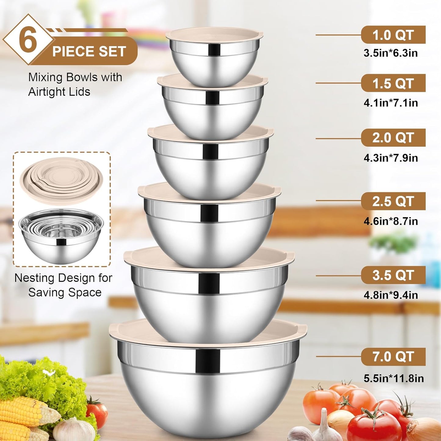 LIANYU 6 Piece Mixing Bowls with Lids Set, Size 7 & 3.5 & 2.5 & 2 & 1.5 & 1QT, Stainless Steel Cooking Serving Bowls, Metal Kitchen Nesting Bowl for Prepping & Food Storage, Dishwasher Safe, Khaki