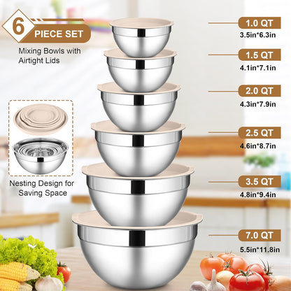 LIANYU 6 Piece Mixing Bowls with Lids Set, Size 7 & 3.5 & 2.5 & 2 & 1.5 & 1QT, Stainless Steel Cooking Serving Bowls, Metal Kitchen Nesting Bowl for Prepping & Food Storage, Dishwasher Safe, Khaki