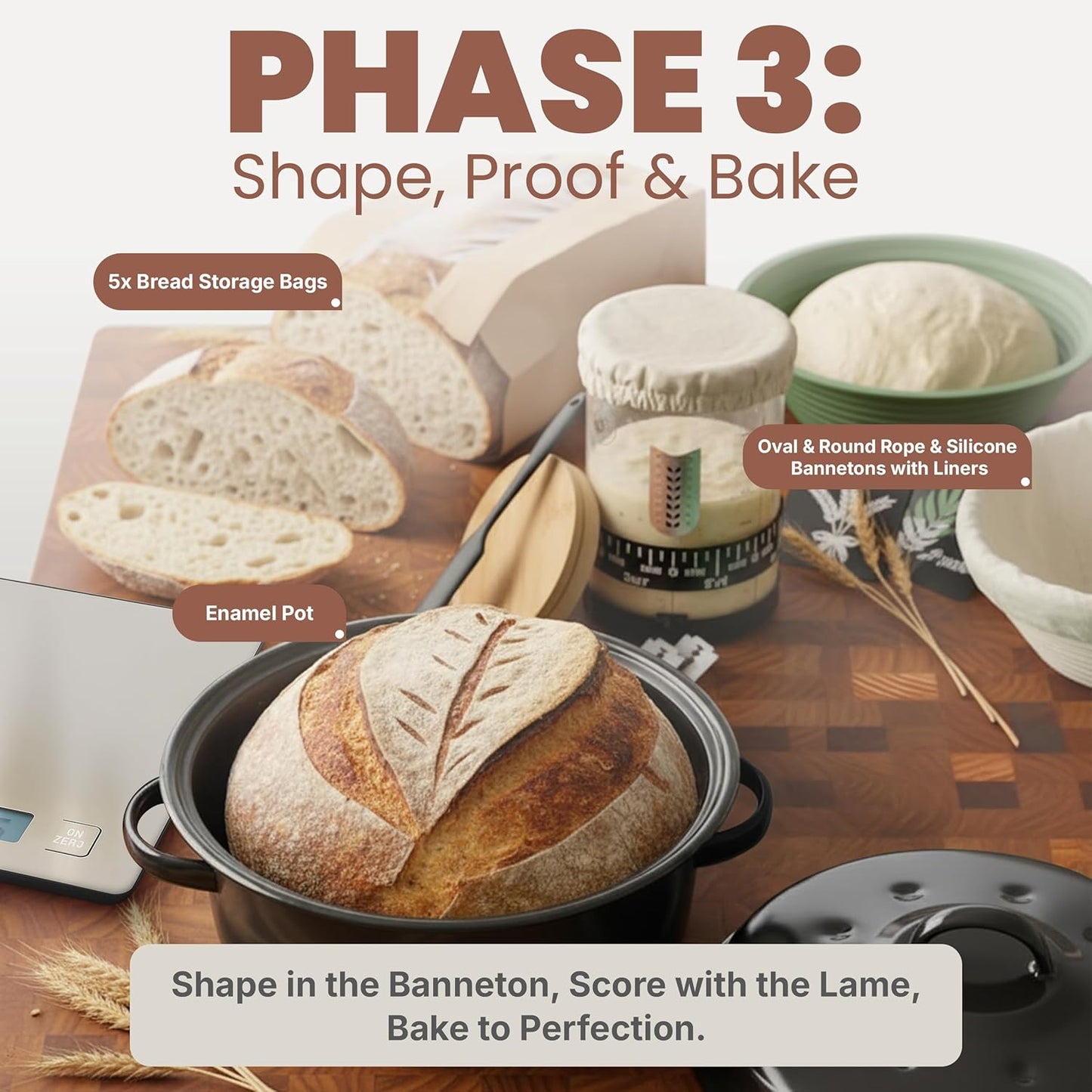 Super Deluxe All-Inclusive 𝗣𝗥𝗘𝗠𝗜𝗨𝗠 Sourdough Starter Kit with Pot. Sourdough Bread Baking Supplies, Scale, Oval & Round Baking Slings, 4 proofing Baskets, Bowl, Timer, Beginner Guide & Recipes