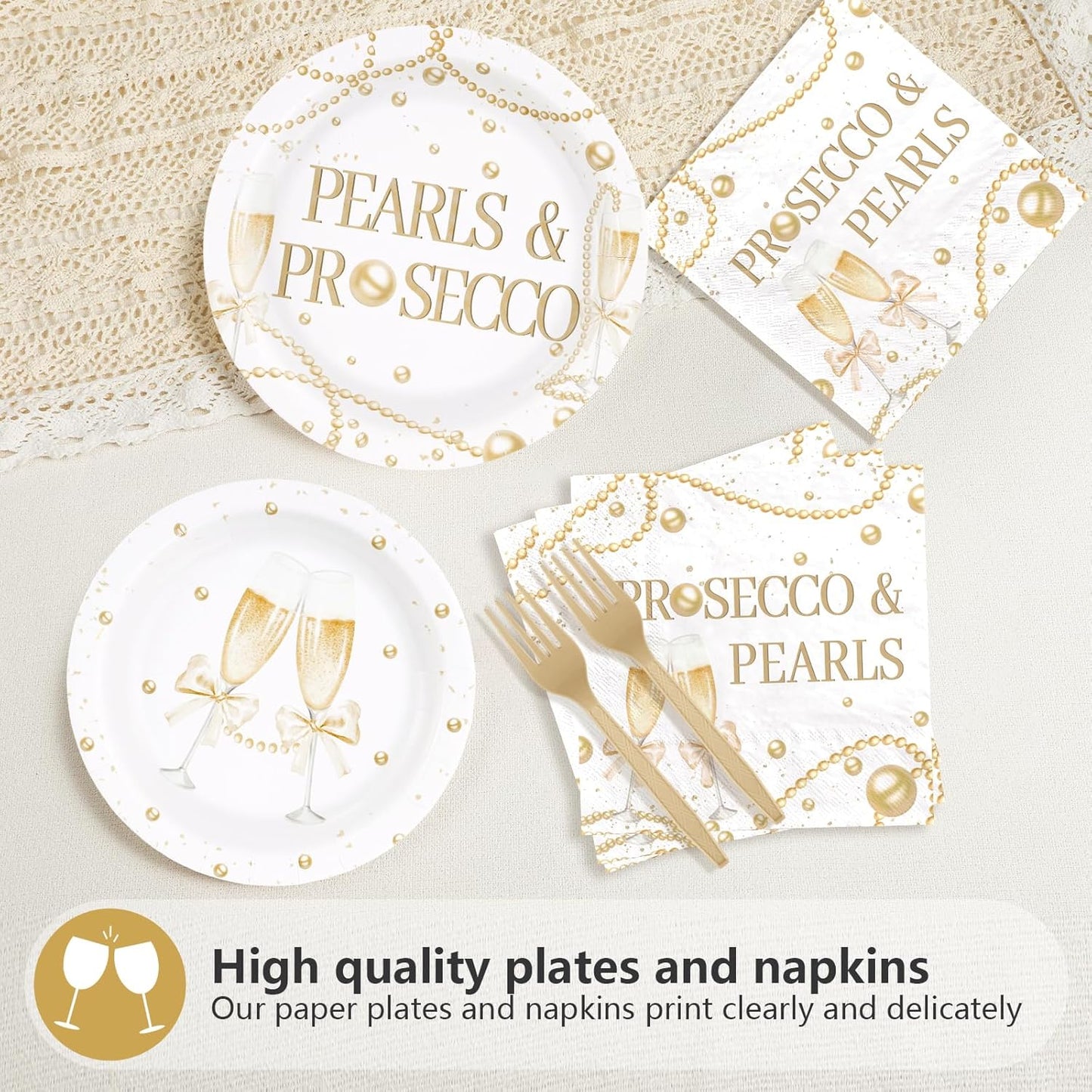 Grencian 96Pcs Pearls and Prosecco Bridal Shower Decorations Engagement Party Paper Plates Disposable Gold Pearls Champagne Party Supplies Tableware for Bride to Be She Said Yes Wedding Decor
